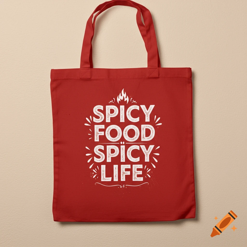 Red tote bag with white 'Spicy Food Spicy Life' text and fire symbol