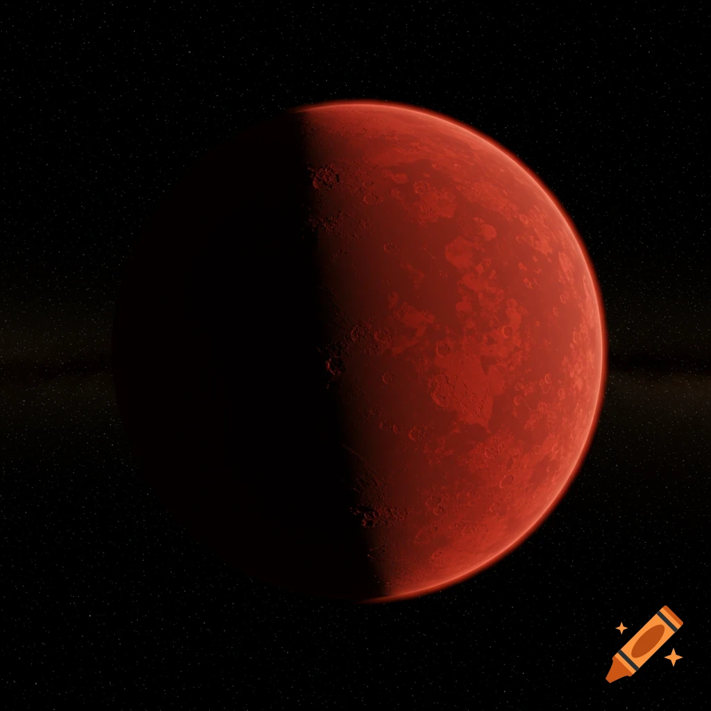A red planet in space, half-lit and half-dark, surrounded by stars.