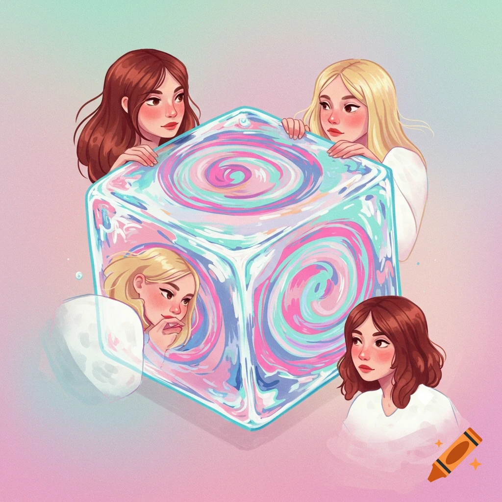 Four illustrated women around a large ice cube filled with colorful swirls.