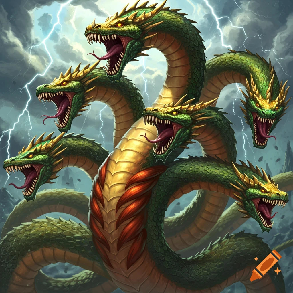 A green and gold hydra with multiple heads roaring under a stormy sky with lightning.