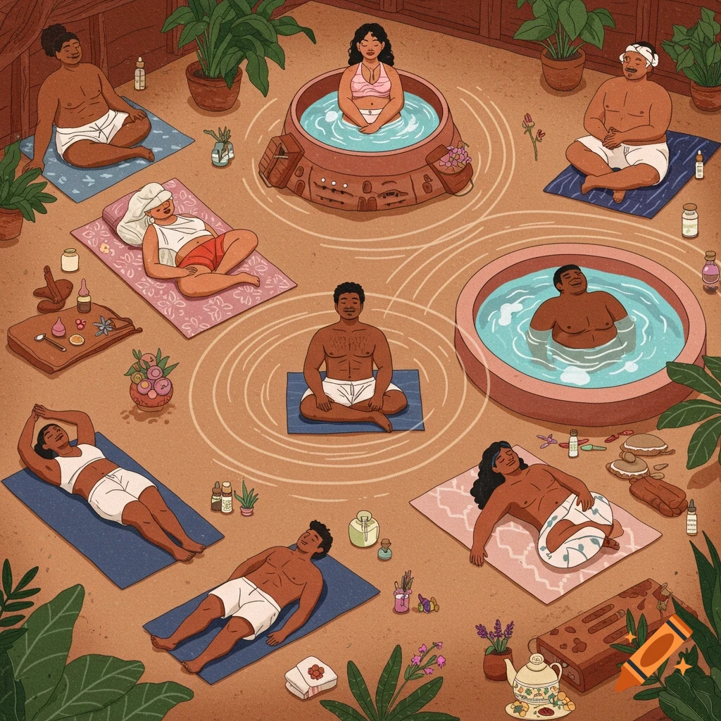 Diverse people relaxing in a spa with hot tubs, plants, and wellness items.