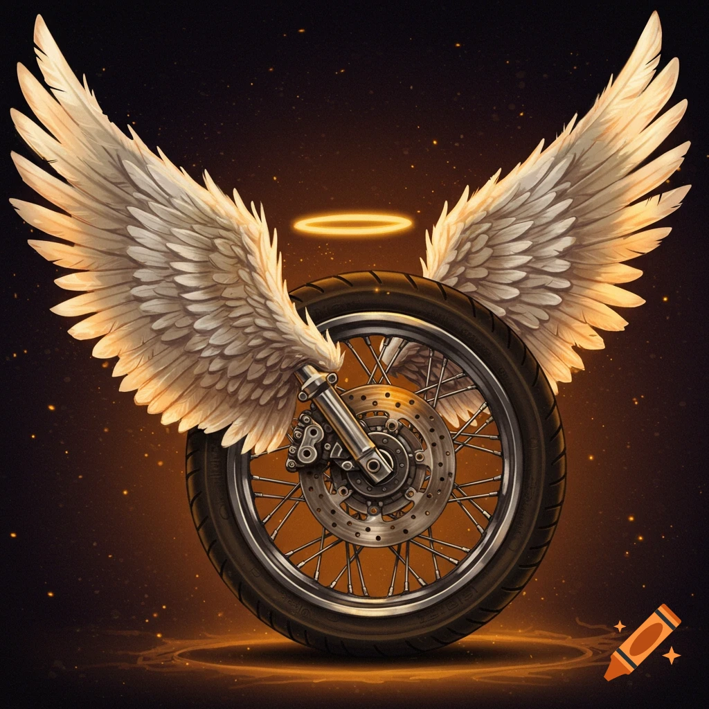 A motorcycle wheel with large angel wings and a halo.
