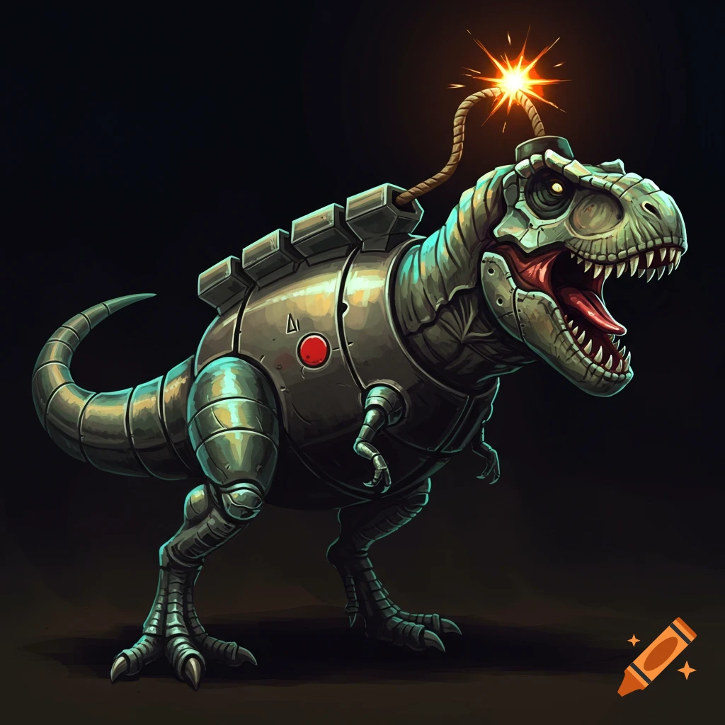 A robotic Tyrannosaurus Rex resembling a bomb with a lit fuse on its head.
