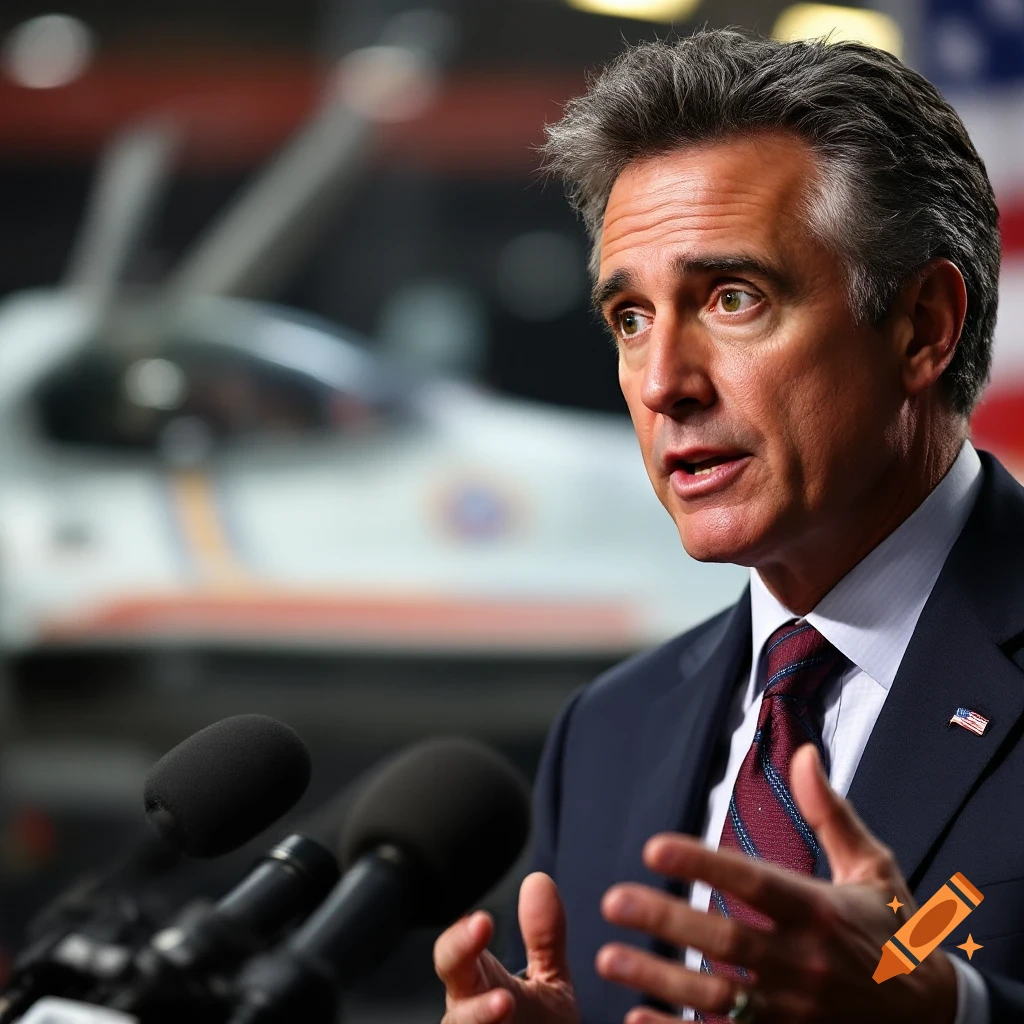 A man in a suit speaks into microphones with an aircraft visible in the background.