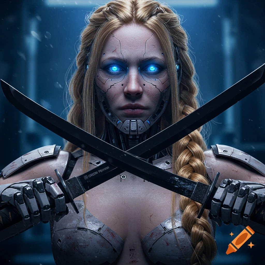 Close-up of a futuristic robotic woman with glowing blue eyes and a braid, holding crossed swords. Dramatic lighting.