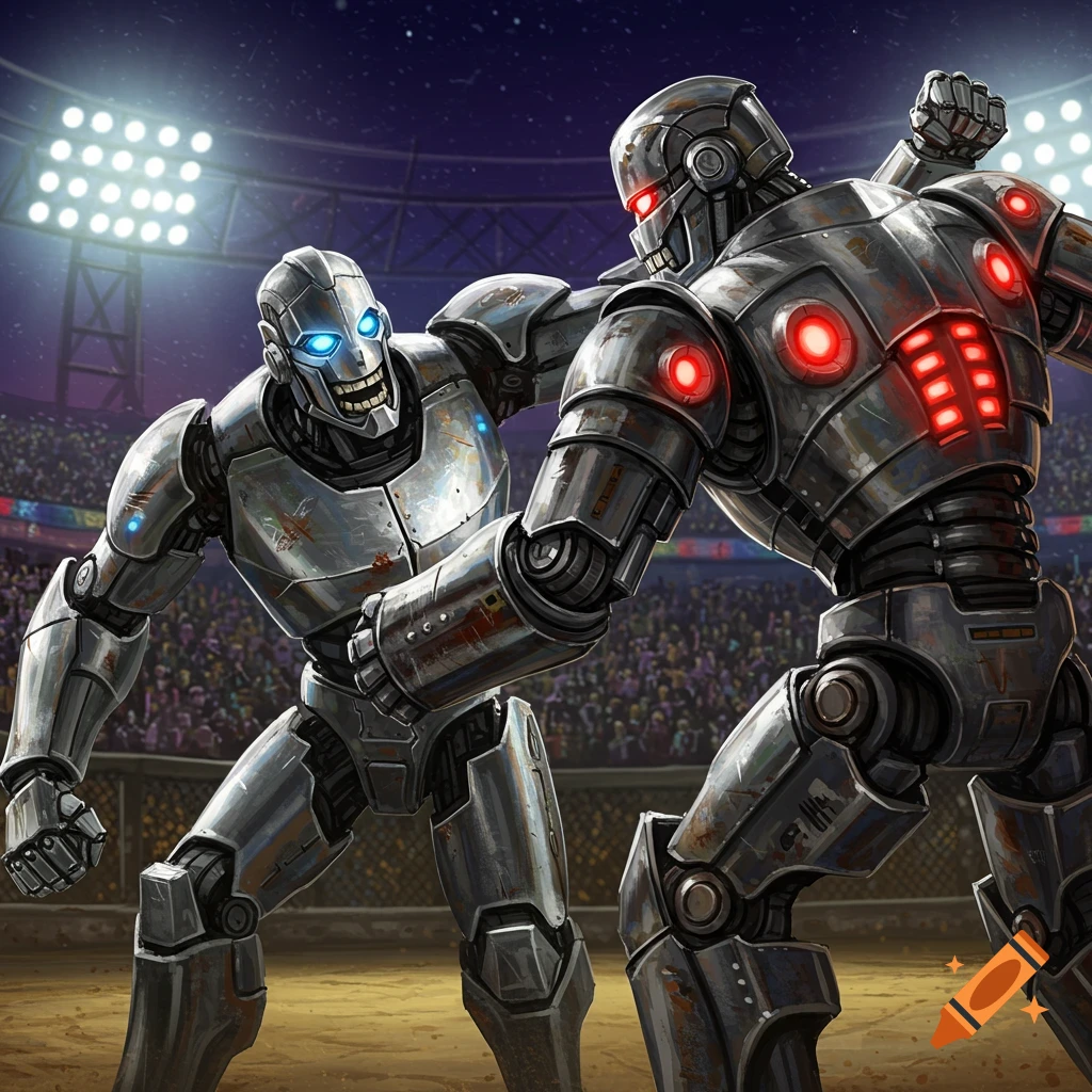 Two metal robots are fighting in a stadium ring
