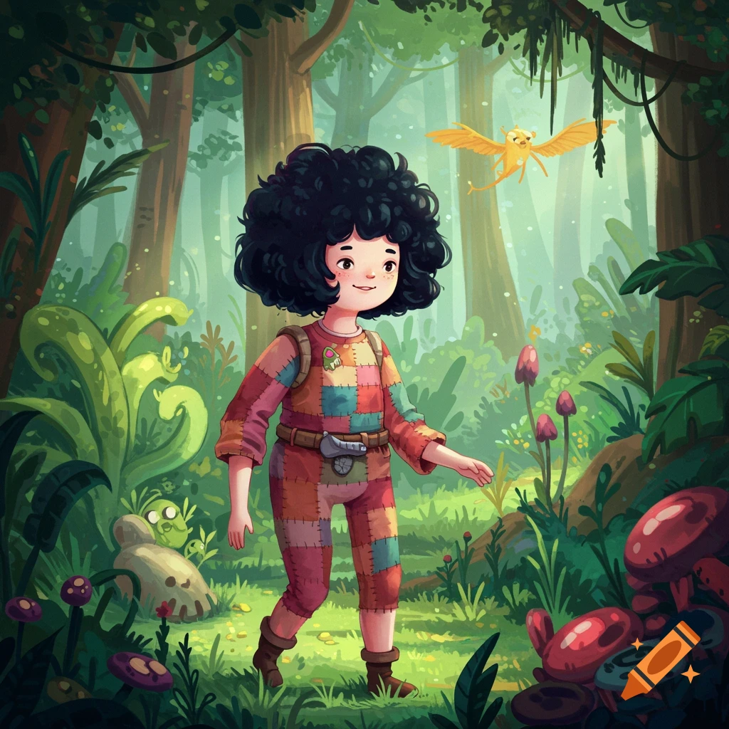 A character in a patchwork outfit walks through a whimsical forest with a flying creature.