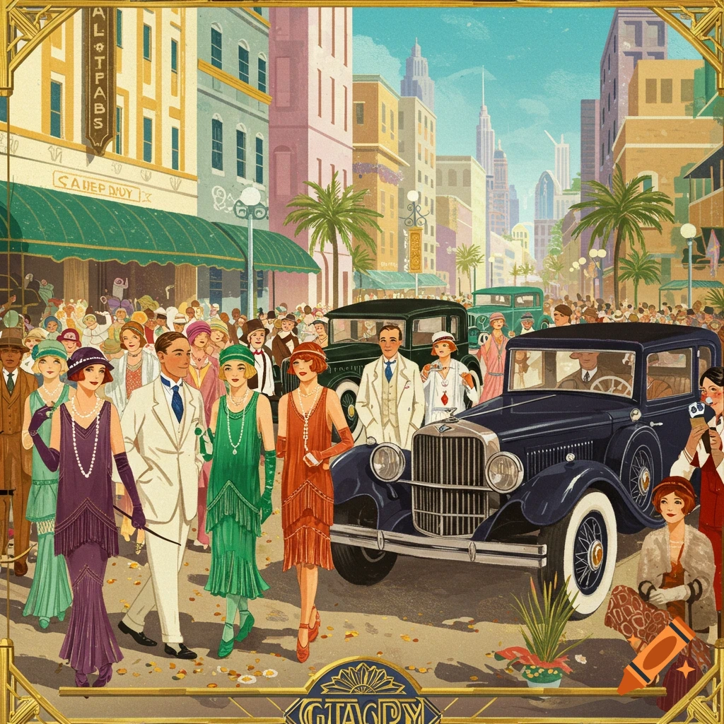 A stylized illustration of a busy street scene in the 1920s with people in flapper dresses and vintage cars.