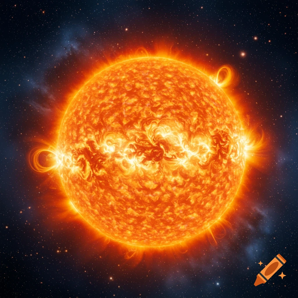 The sun with solar flares against a starry background