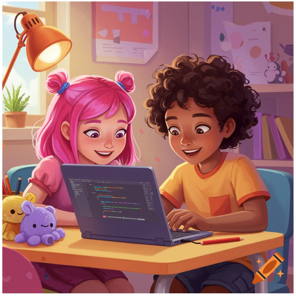 Illustration of two happy children looking at coding snippets on a laptop screen at a colorful desk.