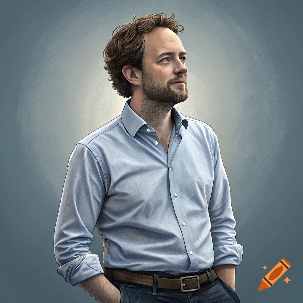Portrait of a man with a beard, wearing a blue shirt and jeans, hands in pockets, looking aside.