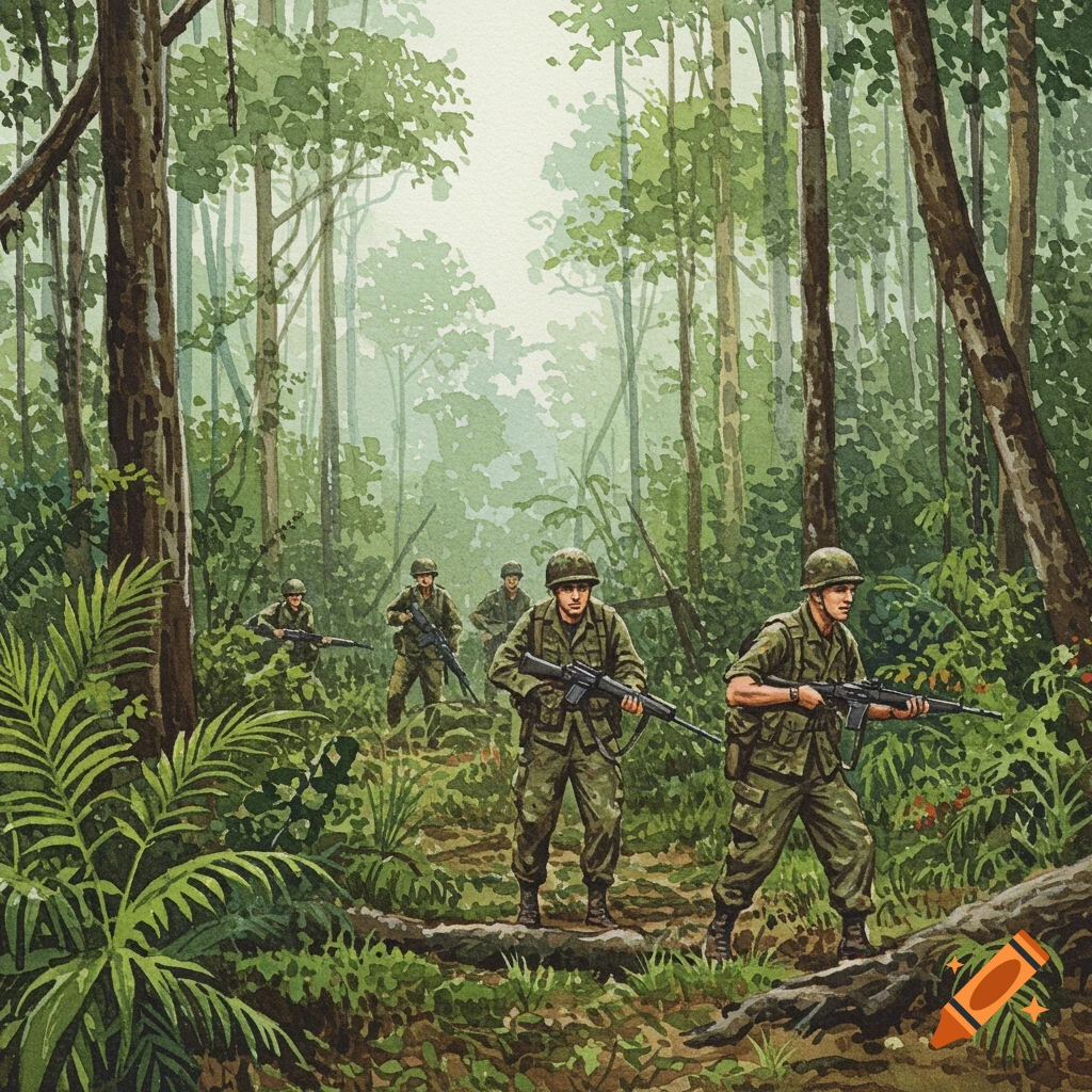 Watercolor illustration of soldiers walking through a dense jungle