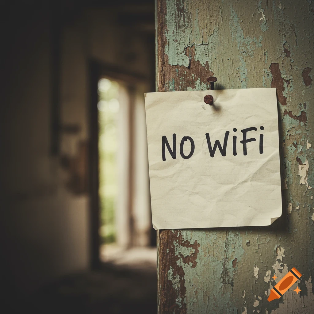 Close-up photo of a paper note reading 'NO WiFi' pinned to a peeling wooden door in an old building.