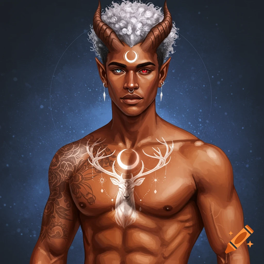 Painting of a fantasy male character with horns, heterochromatic eyes, and a chest tattoo of a white stag with a moon.