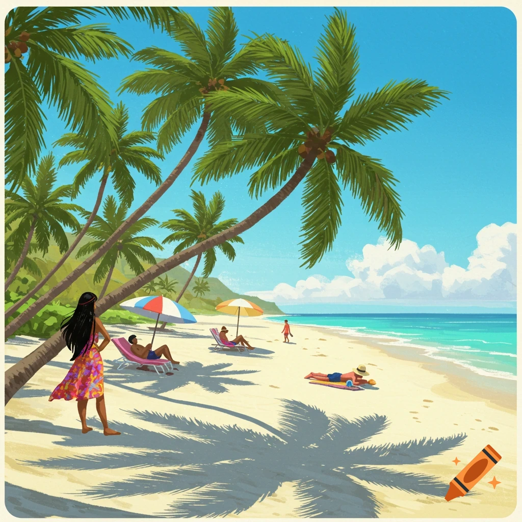 A sunny beach with palm trees and people relaxing by the ocean.