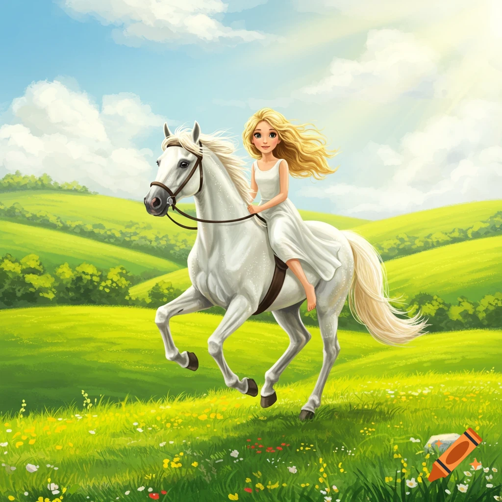 A blond girl rides a white horse in a grassy field.