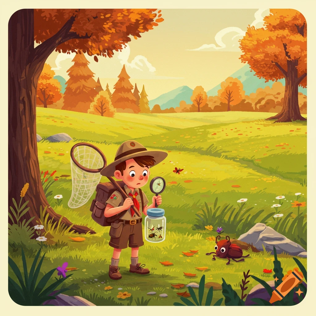 A boy scout catching bugs in a field with a net and jar.
