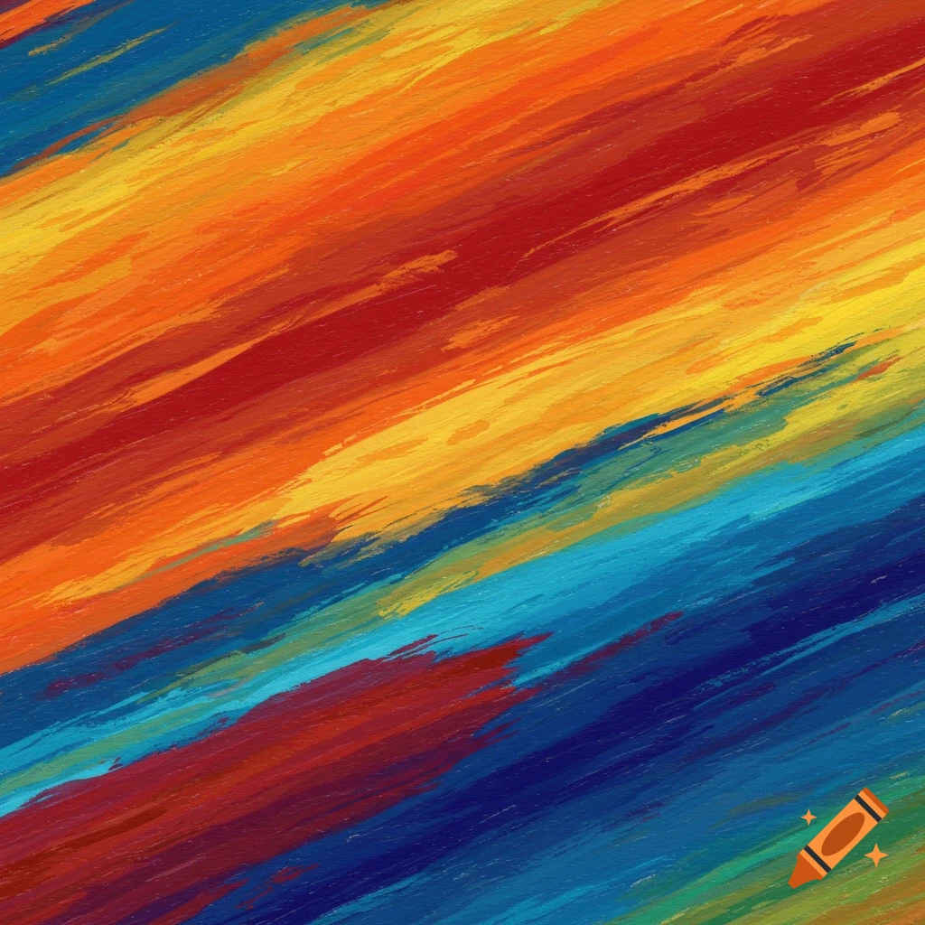 Diagonal abstract painting with orange, red, yellow, and blue brush strokes.