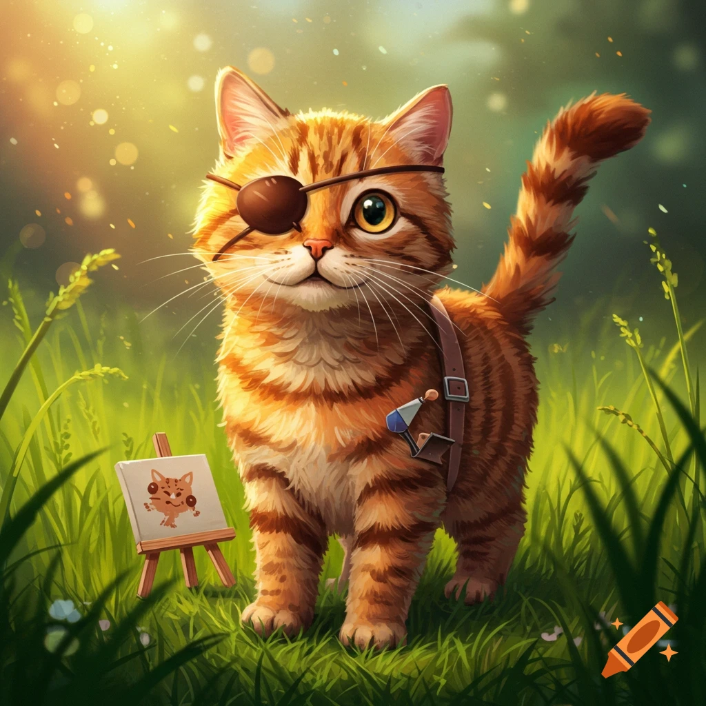 A cute orange tabby cat wearing an eye patch and a harness with paint supplies stands next to an easel with a painting of a cat.