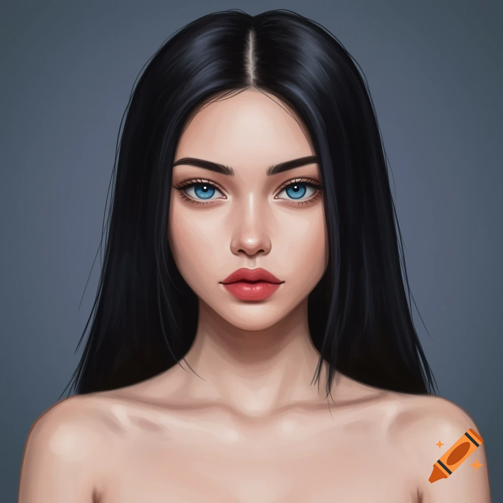 A woman with long black hair and blue eyes