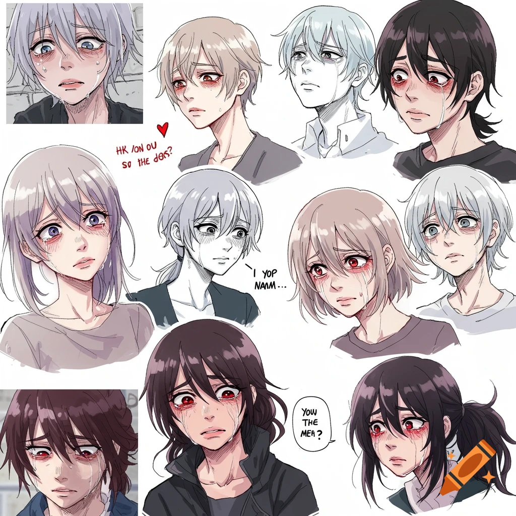 Multiple anime portraits showing characters crying with red eyes and tear-streaked faces.