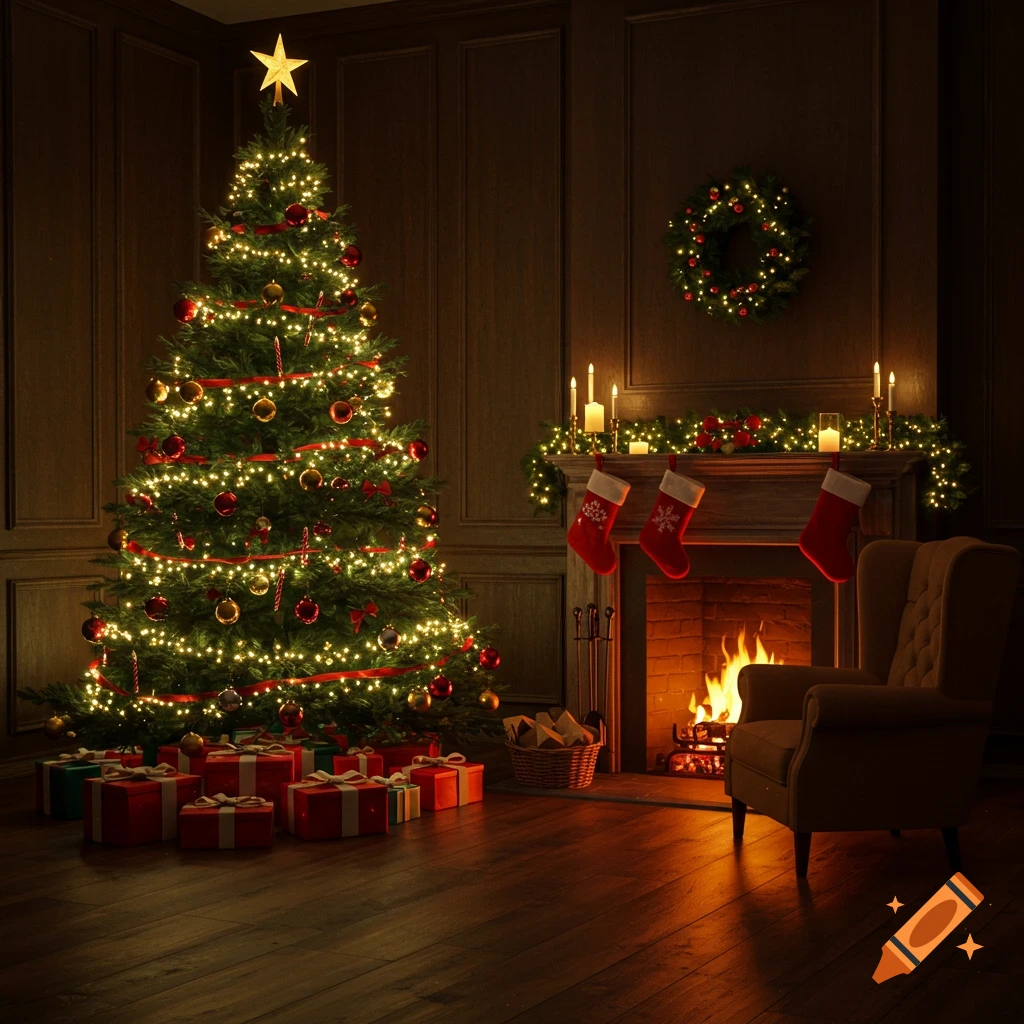 Decorated Christmas tree and fireplace in a cozy panelled room with gifts and armchair.