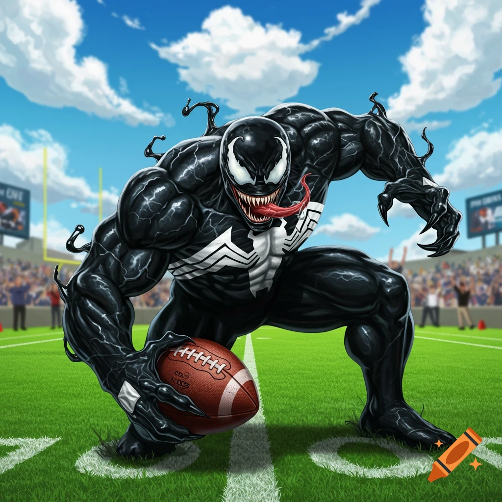 Venom crouches on a football field, holding a football in a stadium.