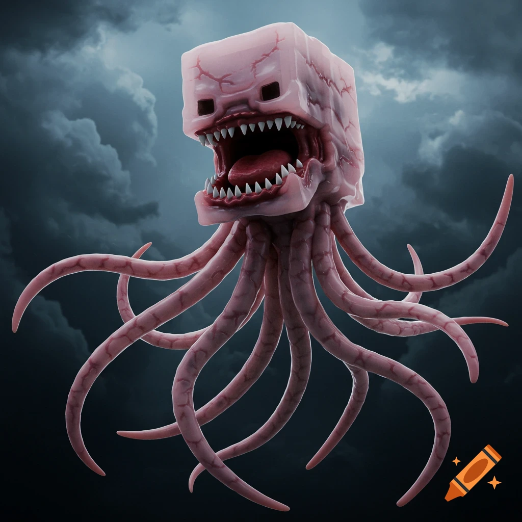 Realistic rendering of a Minecraft Ghast creature with tentacles and teeth against a dark sky.