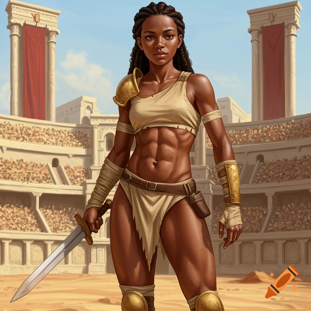 A female warrior with a sword standing in a Roman arena.