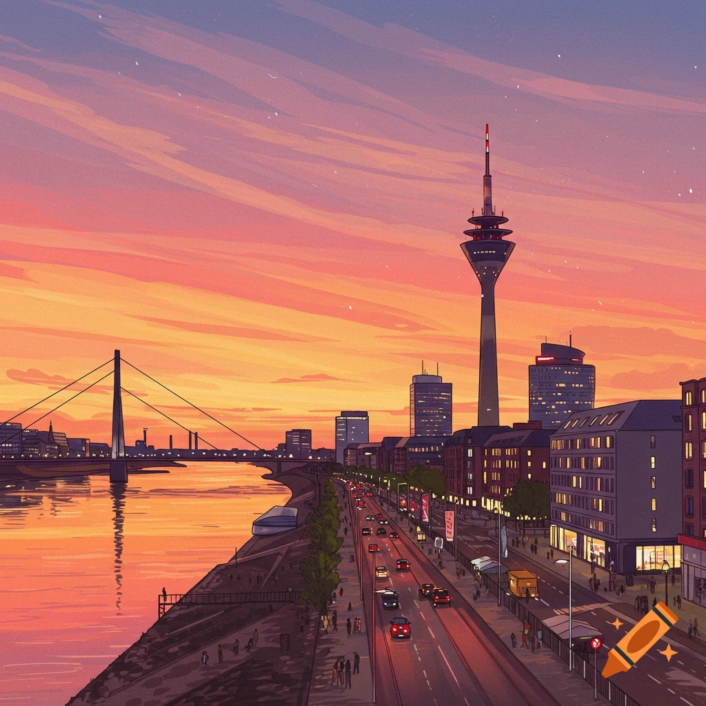 A city skyline at sunset along a river with a bridge, tower, buildings, street, cars, and people.