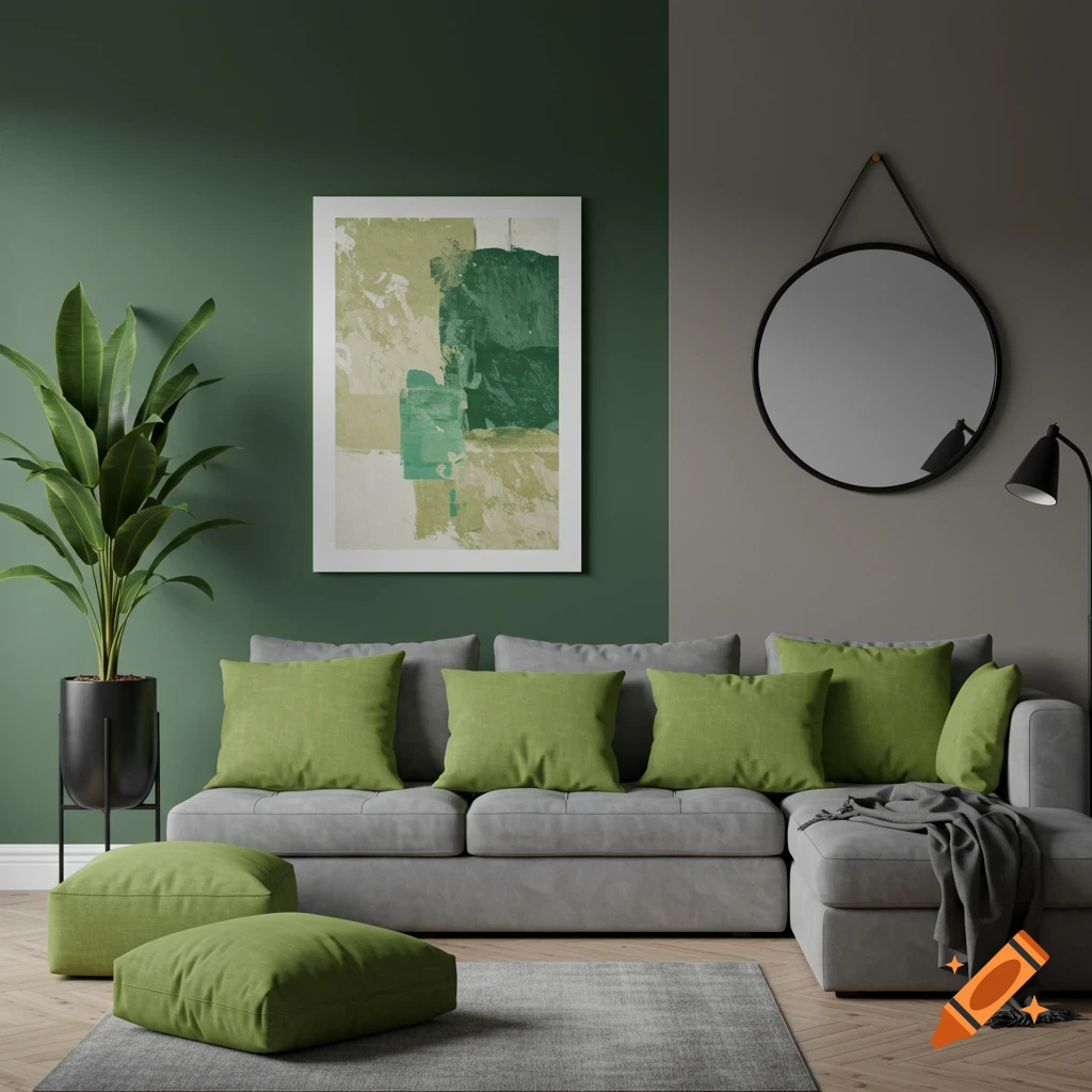 Modern living room with grey sectional sofa, green pillows, green and taupe walls, plant, mirror, and abstract art.