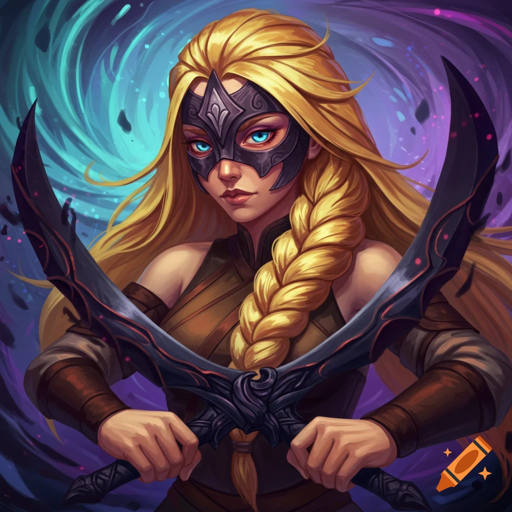 A blonde warrior woman is wearing a mask and holding two black swords.