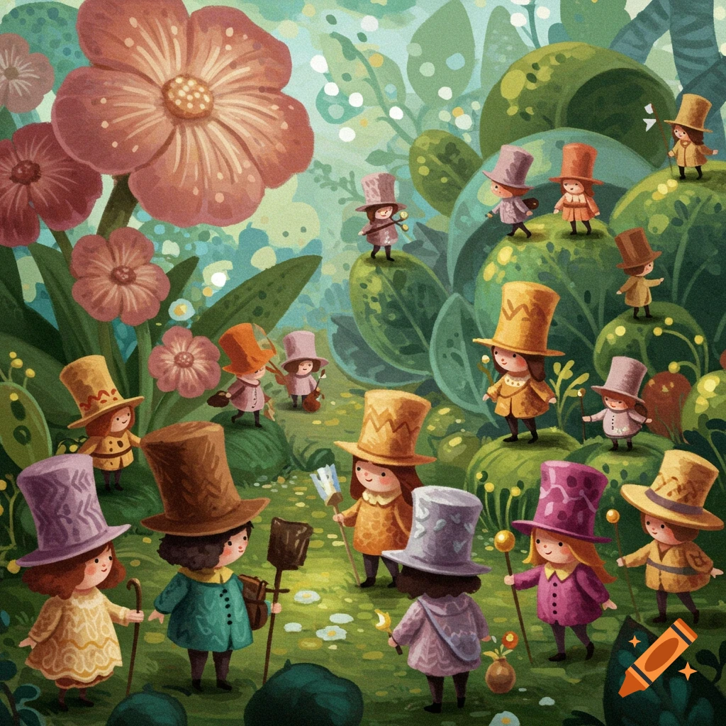 Tiny characters wearing hats in a lush garden