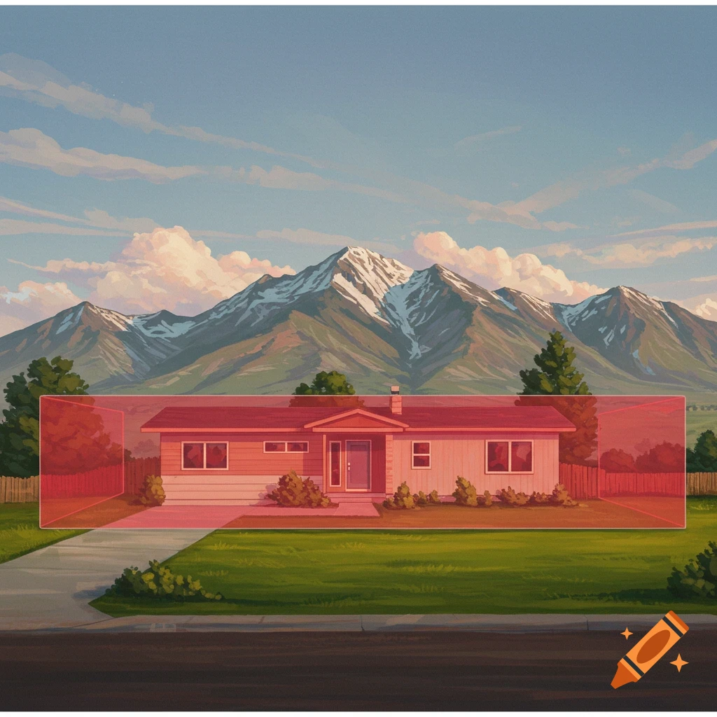 A house in front of mountains with a red barrier