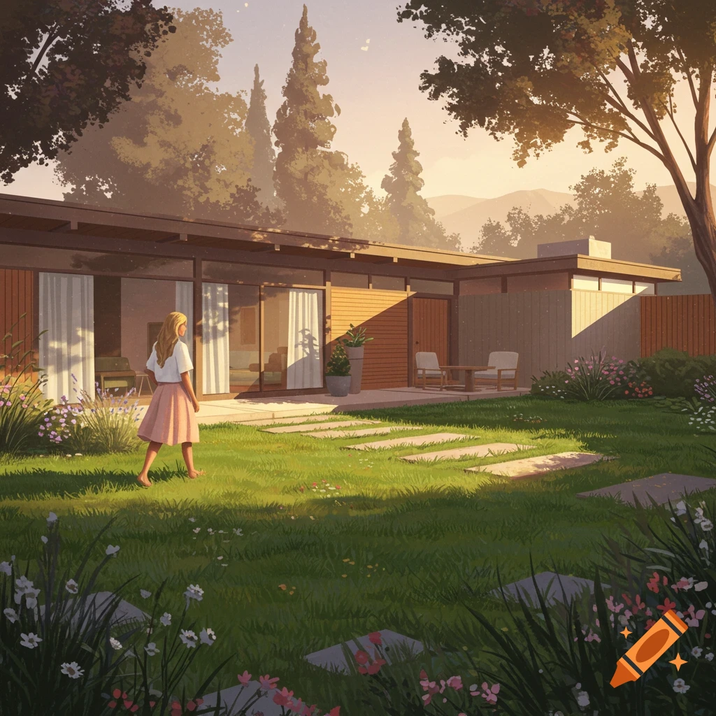 A woman walks through a lush garden with a mid-century modern house in the background.