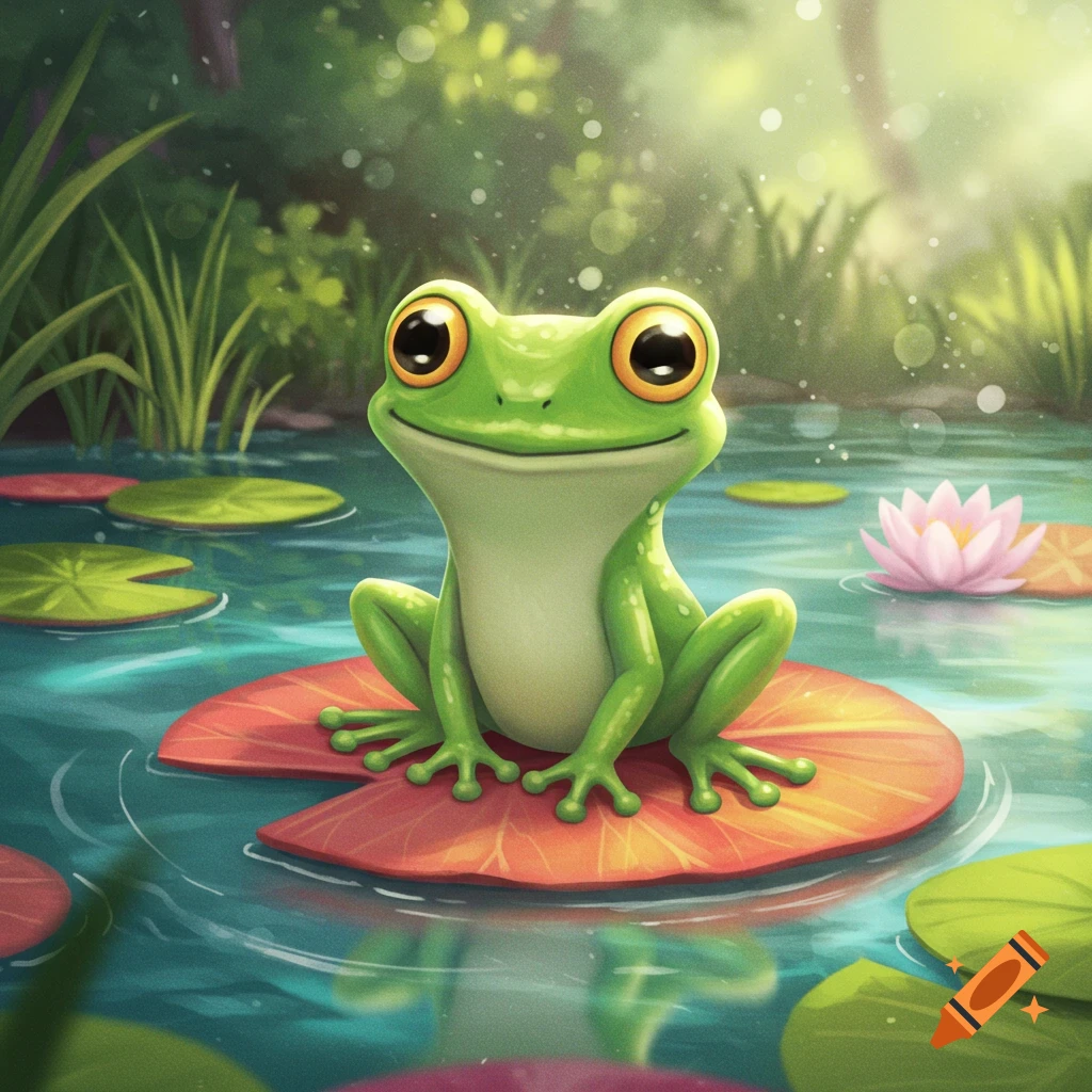 A cute green frog sits on a lily pad in a pond, illustrated digitally.