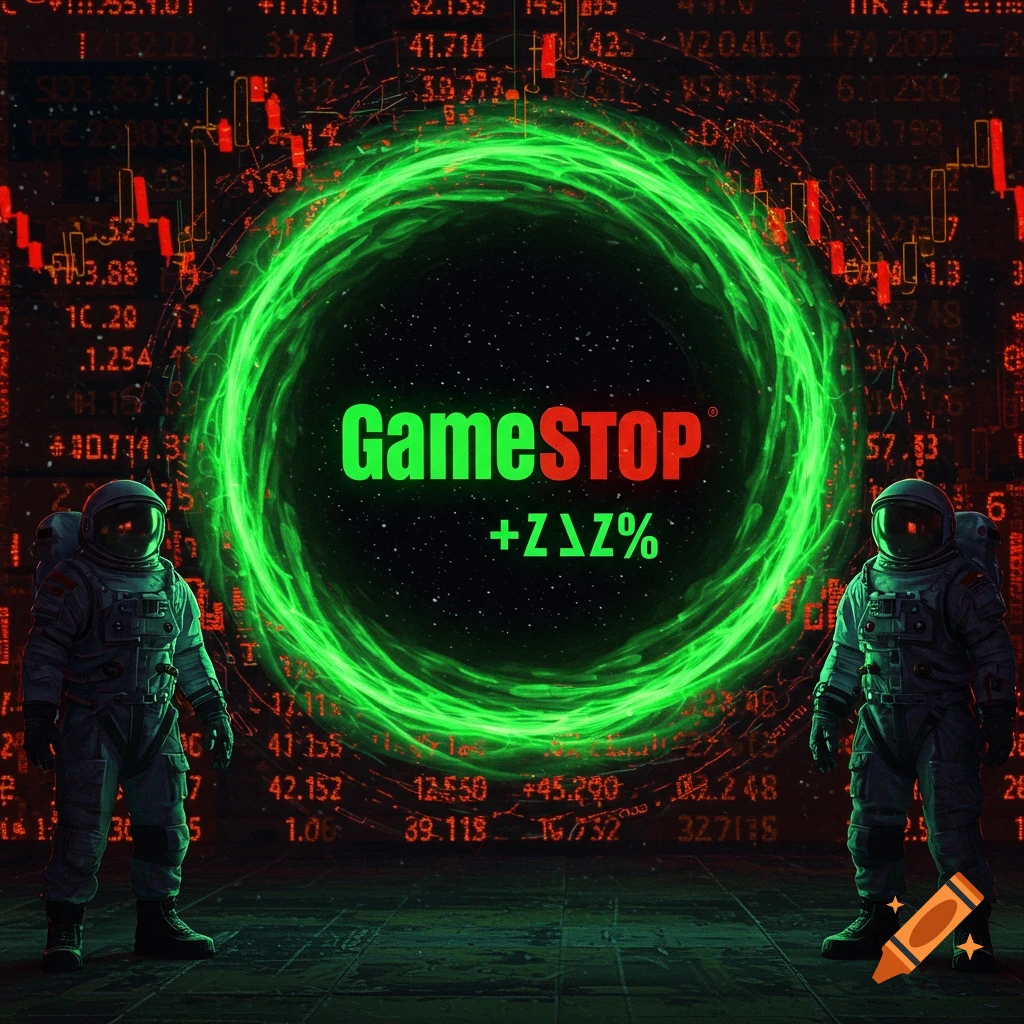 Two astronauts stand beside a green glowing vortex with 'GameStop' text and stock market data background.