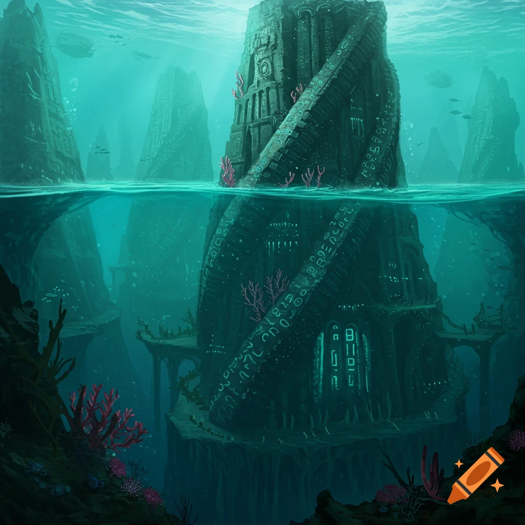 A sunken city with strange, ancient architecture and glowing glyphs underwater.