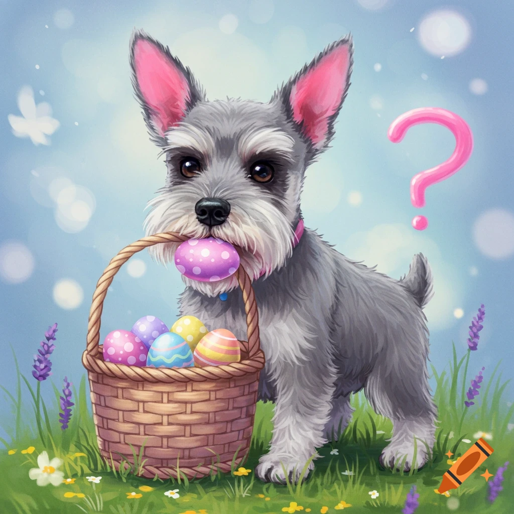 A cute Schnauzer holds a purple Easter egg in its mouth, standing next to a basket of decorated eggs in a field. A pink question mark hangs in the air.