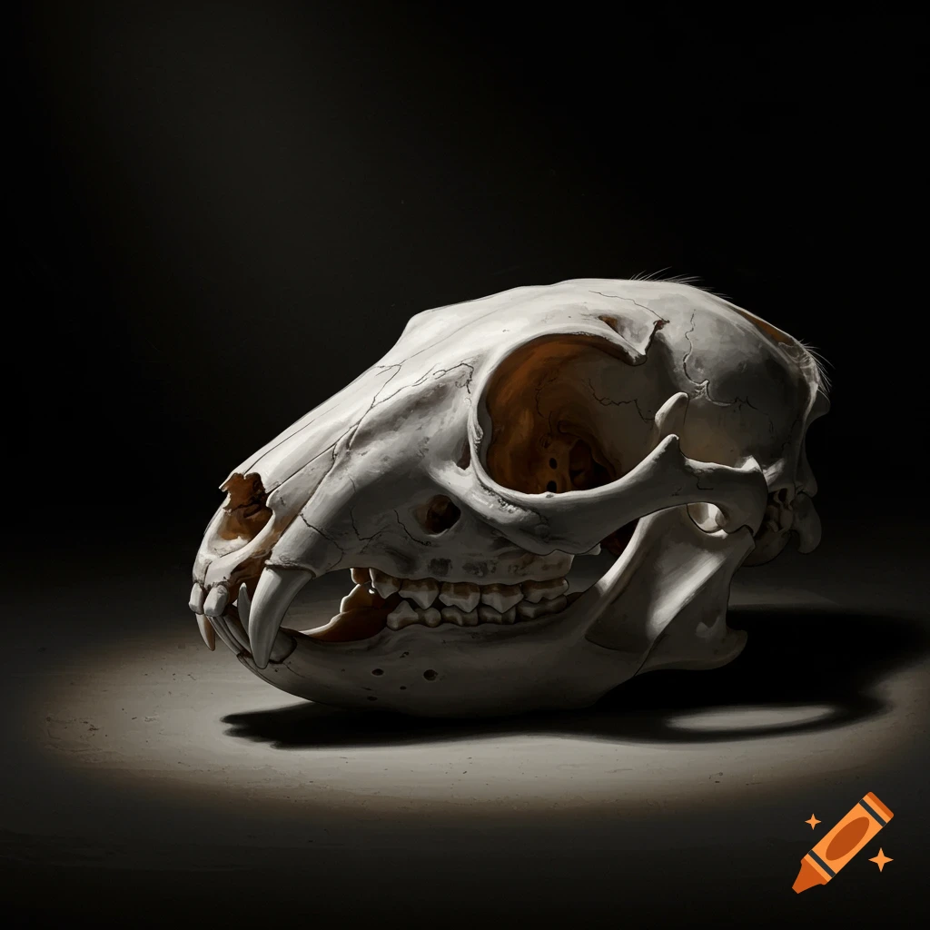 A detailed image of an animal skull on a dark background.