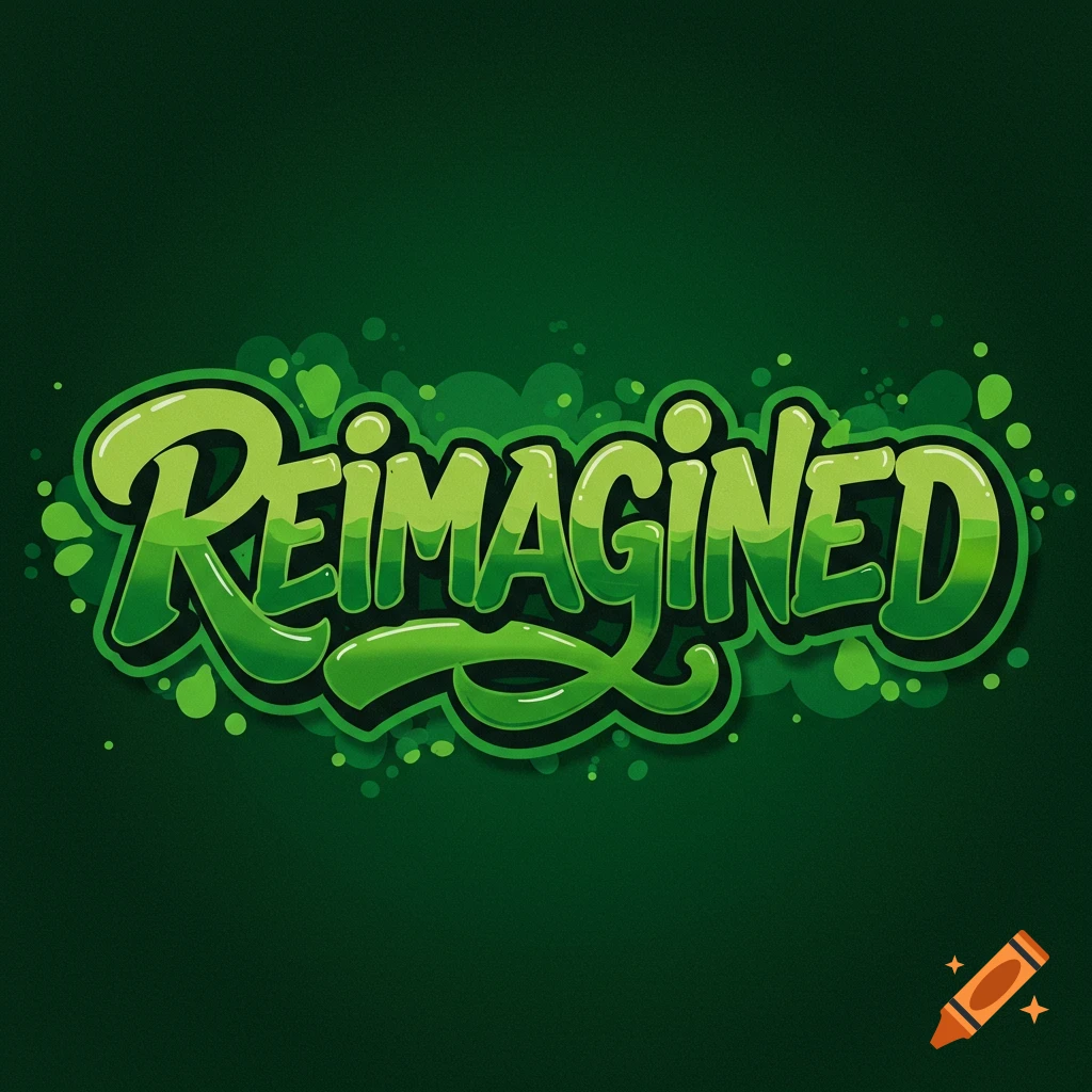 Stylized green text art reading 'Reimagined' on a dark green background with splatter effect.