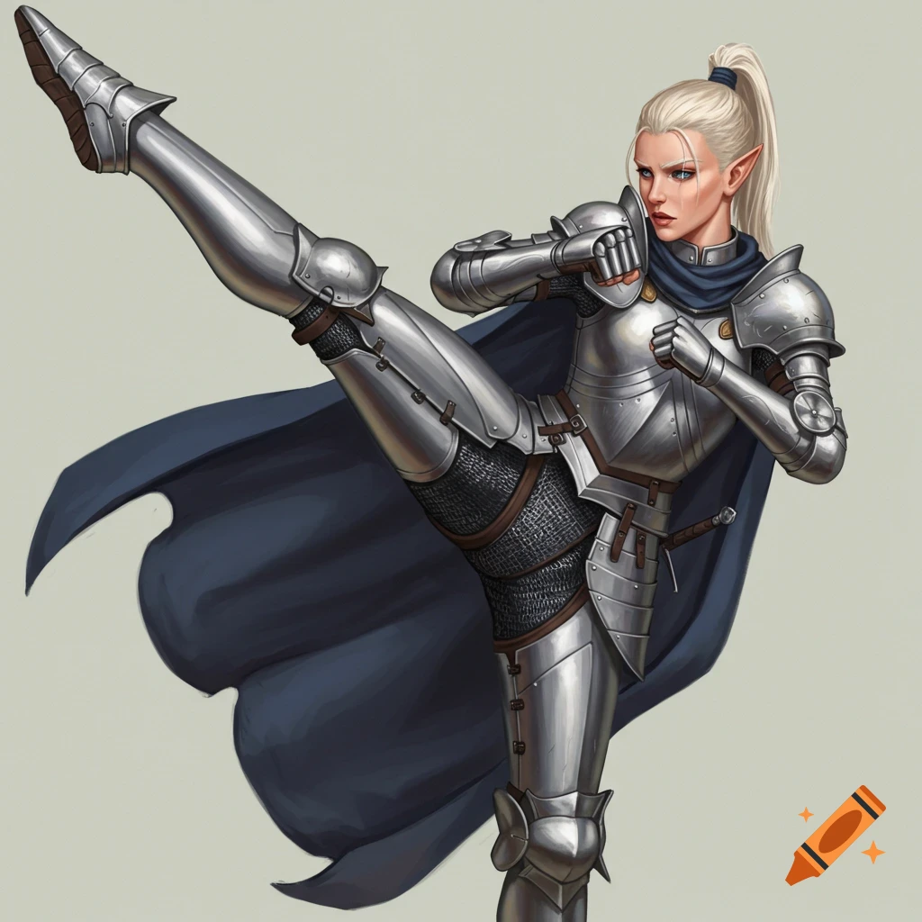 Painting of an elven knight in full plate armor doing a high kick, wearing a blue cape.