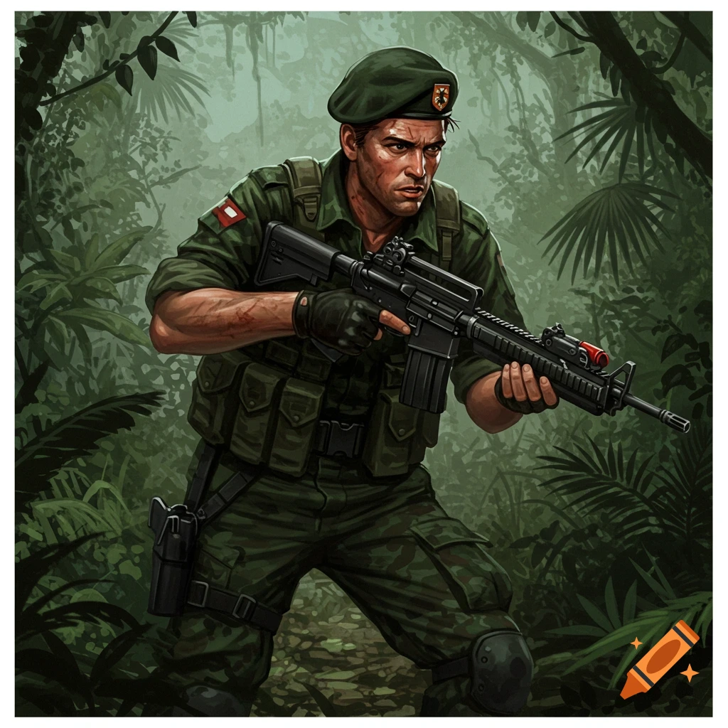 A military man in camouflage uniform and beret holds a rifle in a jungle.