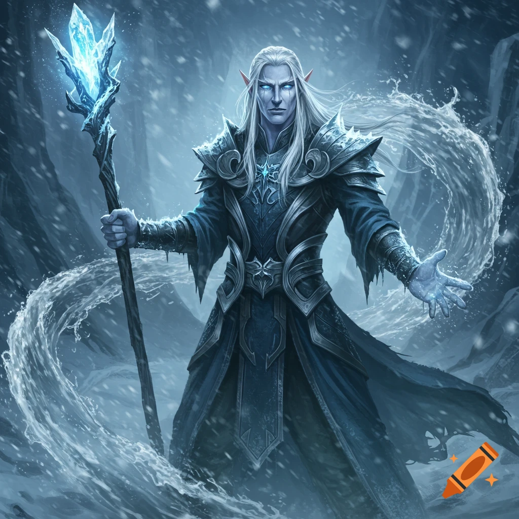 High elf ice wizard in a snowy landscape holding a staff and manipulating ice