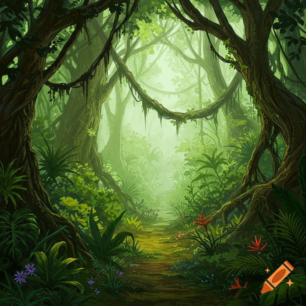 A vibrant jungle path with large trees, hanging vines, and lush green vegetation.