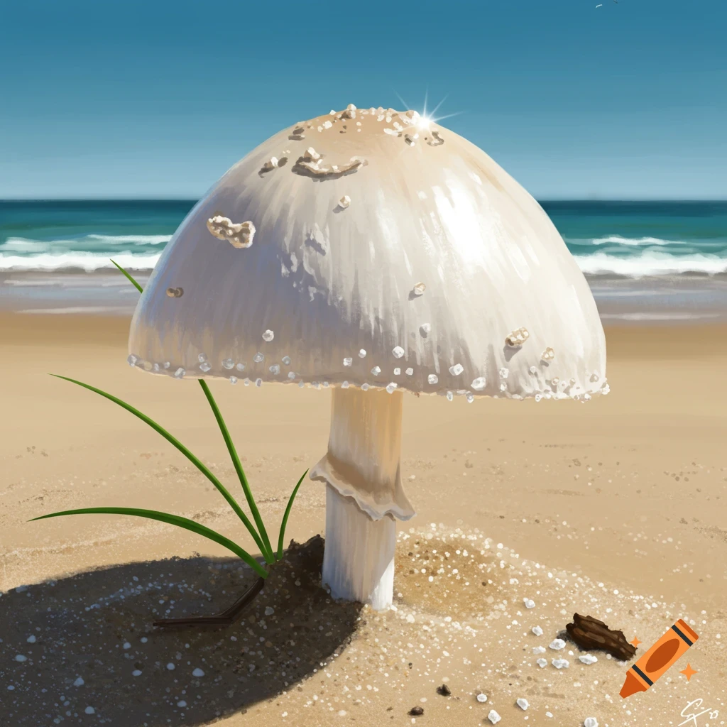 A large white mushroom stands on a sandy beach.