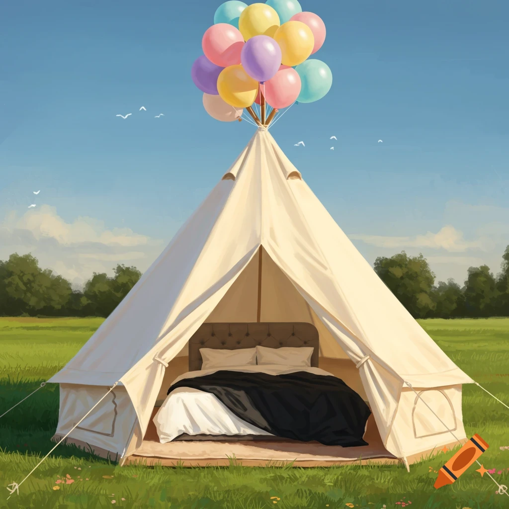 A tent with a bed inside and colorful balloons floating above it, in a sunny field.
