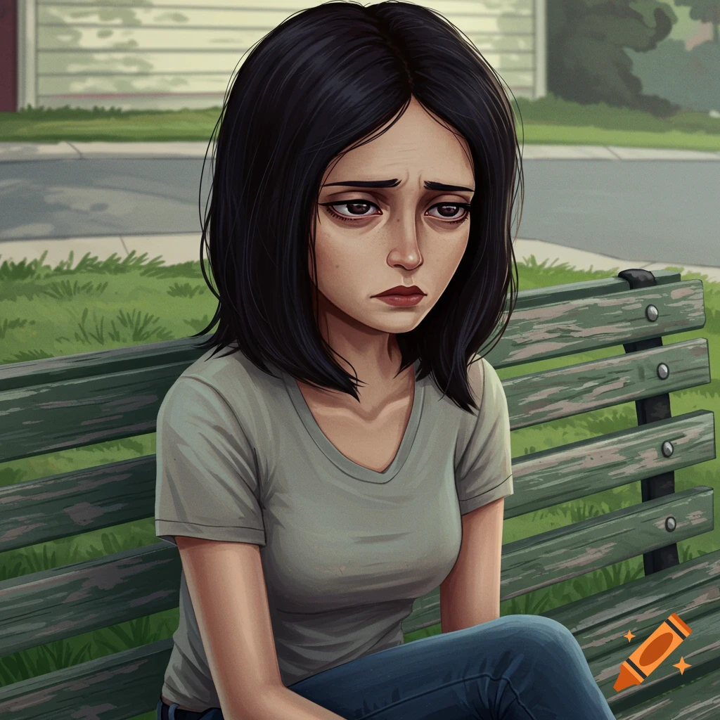 A sad woman with dark hair, resembling Diane Sanchez from Rick and Morty, sitting on a park bench.