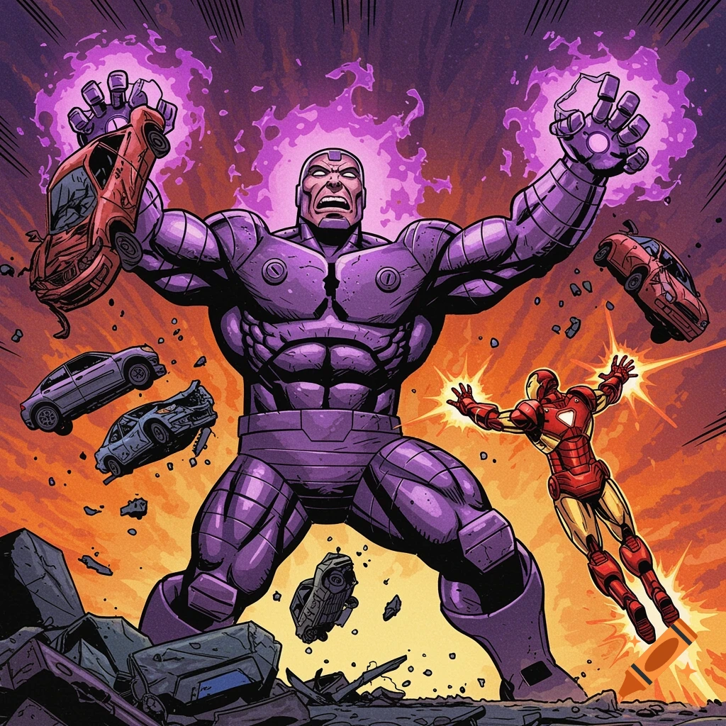 Graviton throws cars at Iron Man in a destroyed cityscape, comic book style.