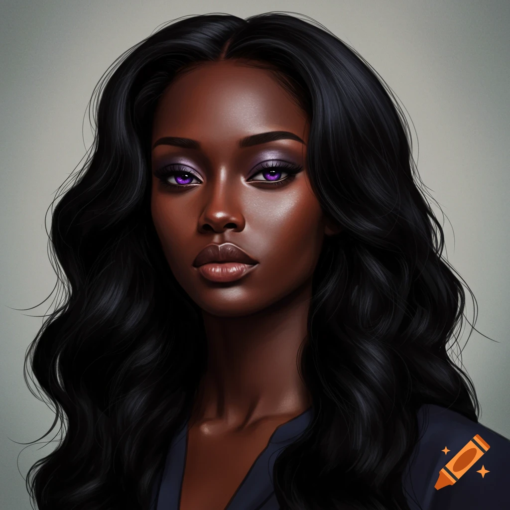 A woman with dark skin, black hair, and striking purple eyes.